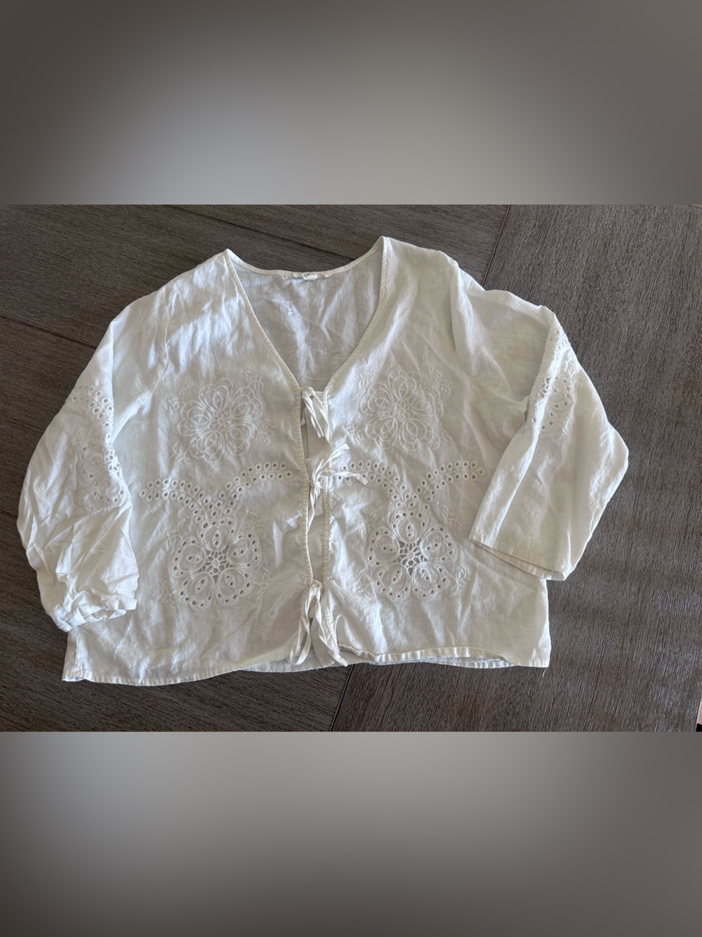 White Embroidered Tie-Front Women’s Top